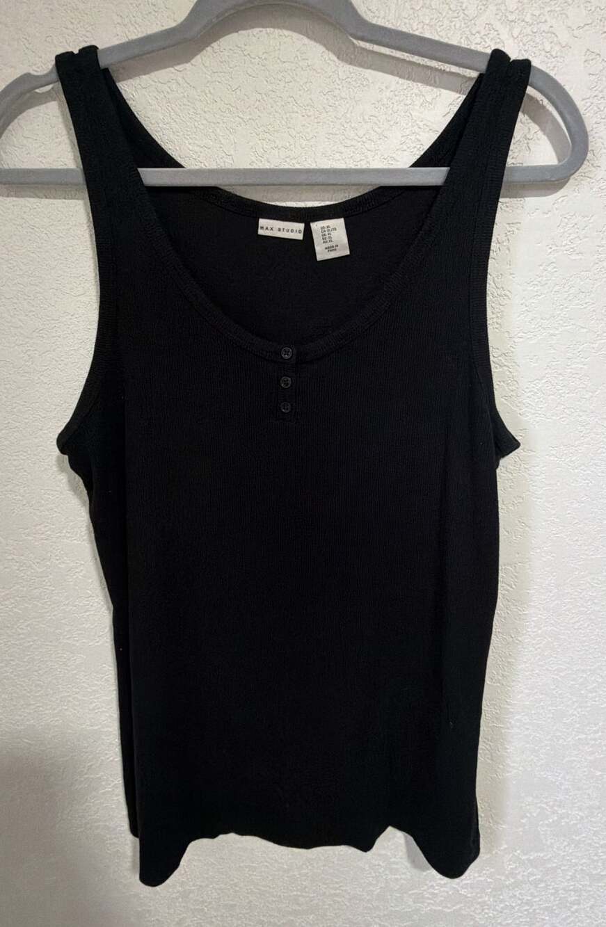 Max Studio Ribbed Henley Tank Size XL Black Scoop Neck Sleeveless